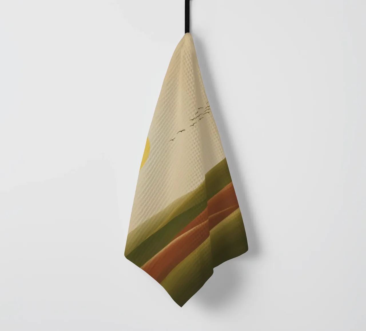 Zon en landschap, retro natuurlook theedoek van RB-Digital-Paintings