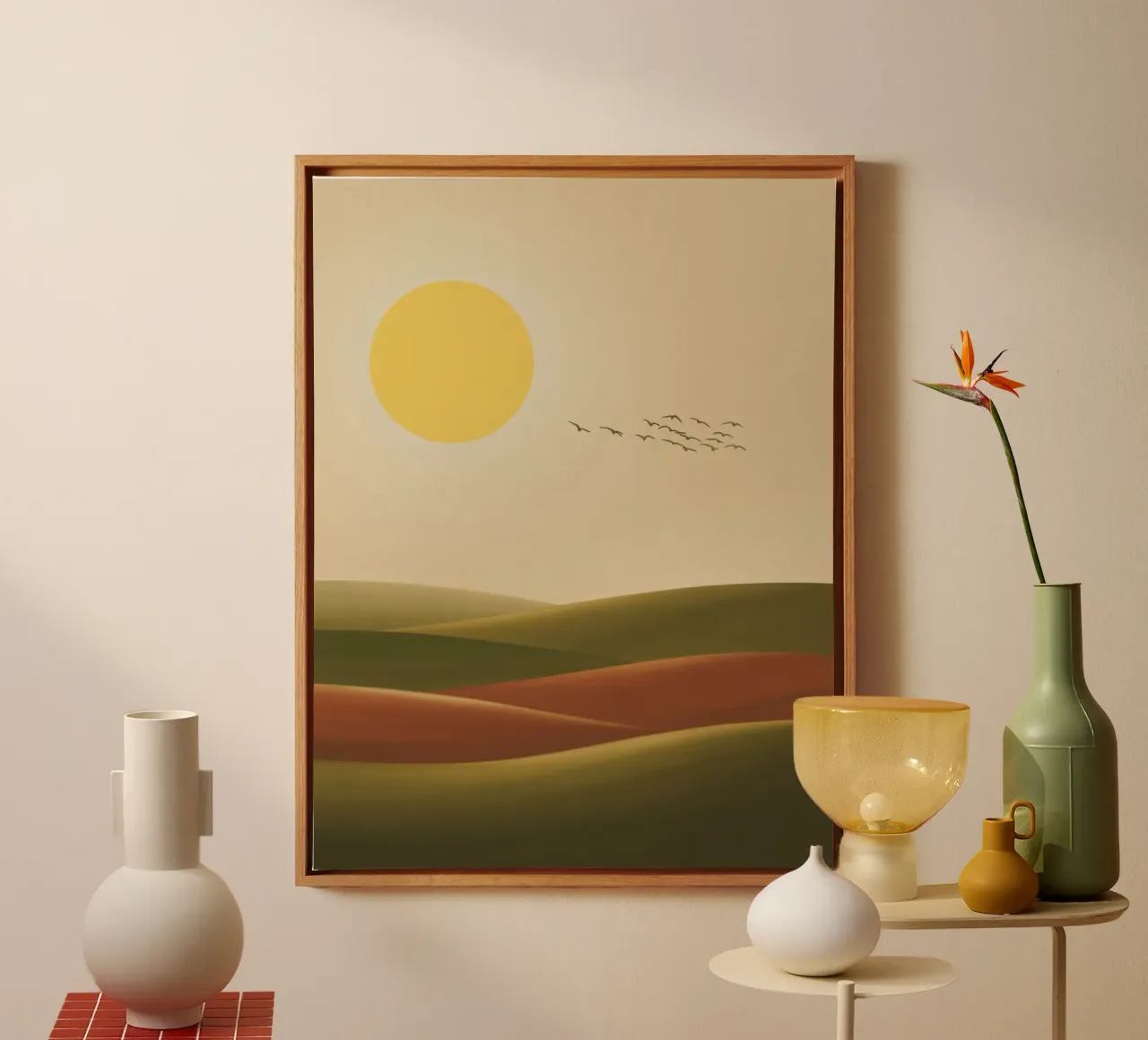 Sol y paisaje, aspecto de naturaleza retro lienzo con Marco flotante de RB-Digital-Paintings