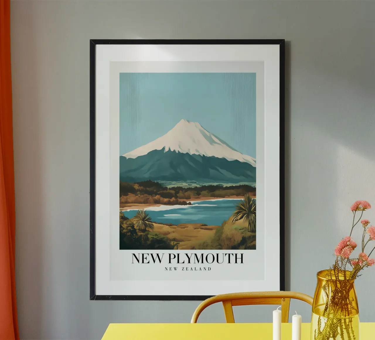 Impression d'art New Plymouth Mt. Taranaki - Vue côtière de la Nouvelle-Zélande poster avec cadre en aluminium de homdeco