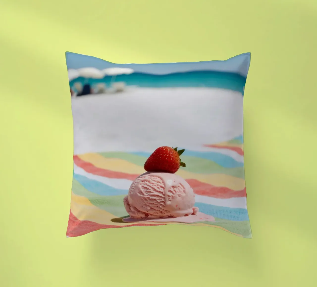 Erdbeer Ice cream am Strand, vibrazioni estive cuscino da RB-Digital-Paintings