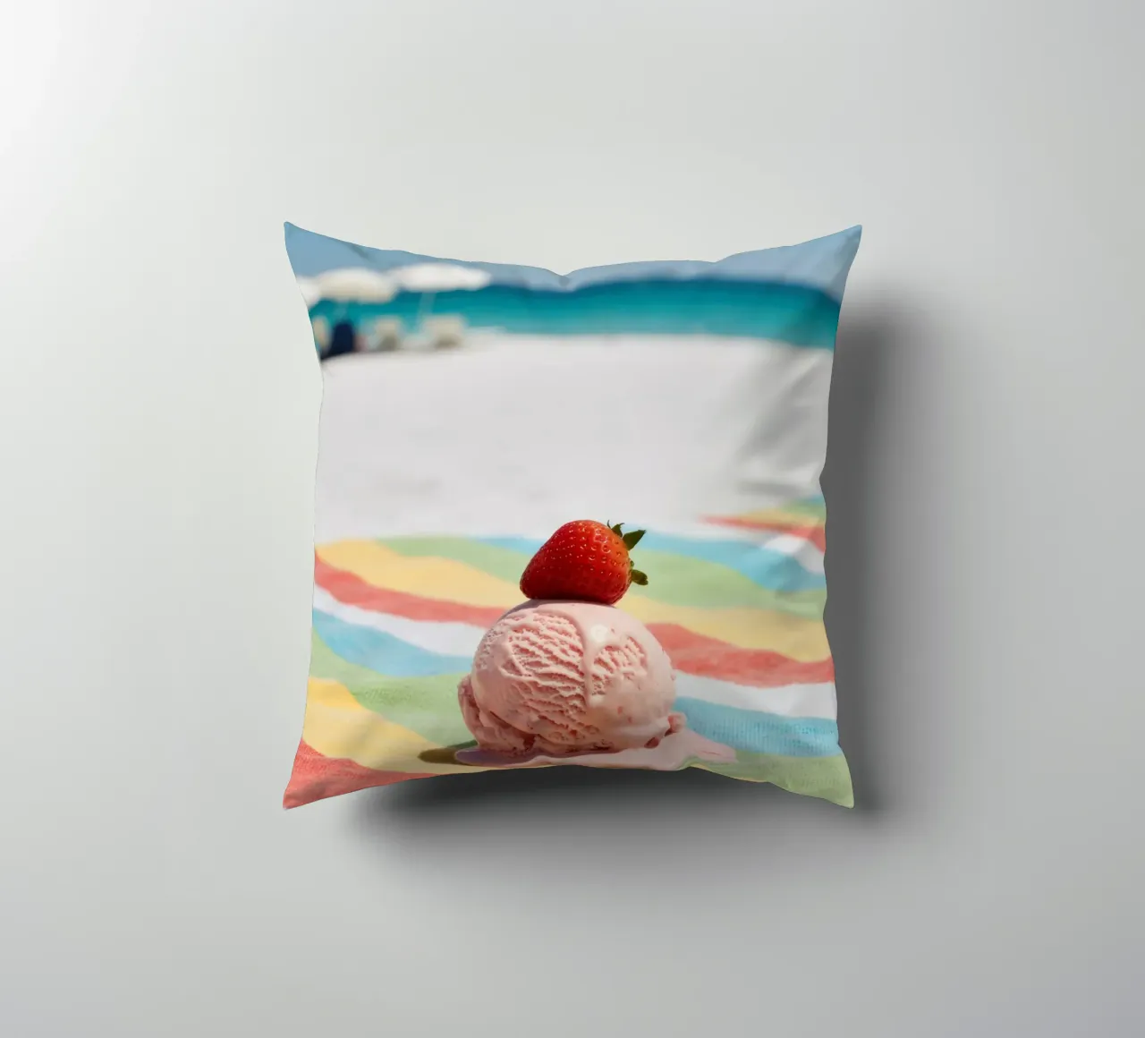 Erdbeer Ice cream am Strand, vibrazioni estive cuscino da RB-Digital-Paintings
