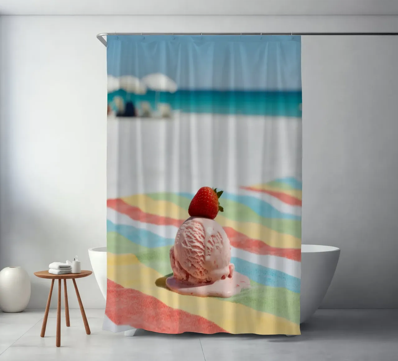 Erdbeer Ice cream am Strand, vibrazioni estive tenda da doccia da RB-Digital-Paintings