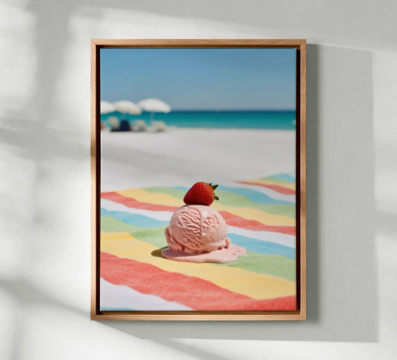Erdbeer Ice cream am Strand, summer vibes canvas with Floater frame by RB-Digital-Paintings