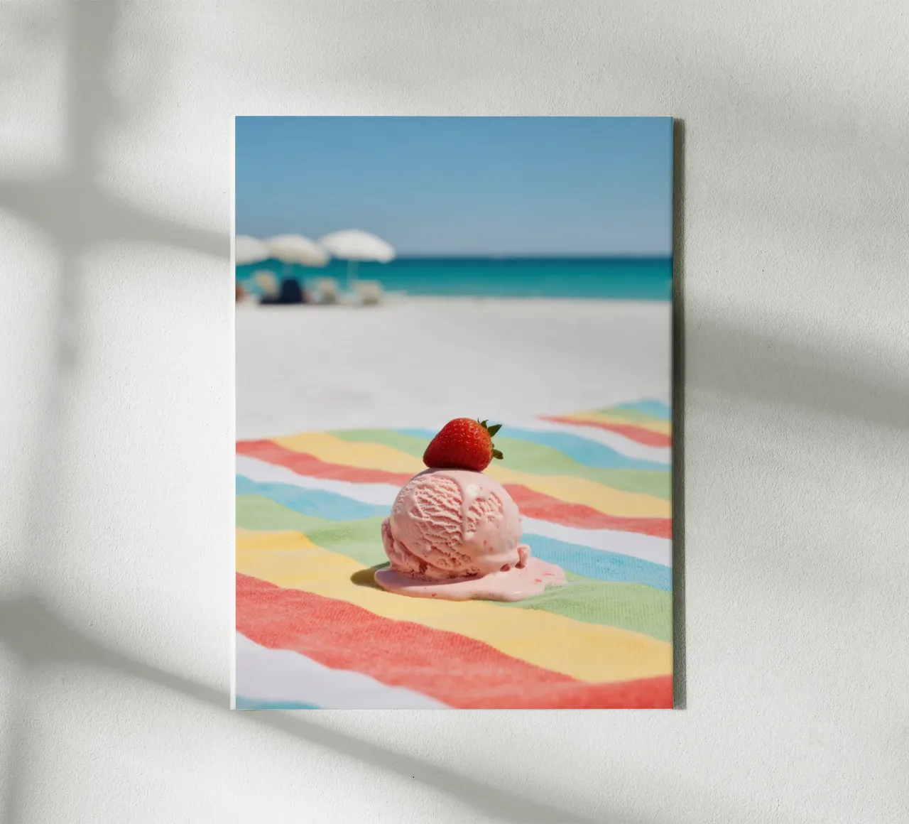 Erdbeer Ice cream am Strand, summer vibes canvas with Floater frame by RB-Digital-Paintings