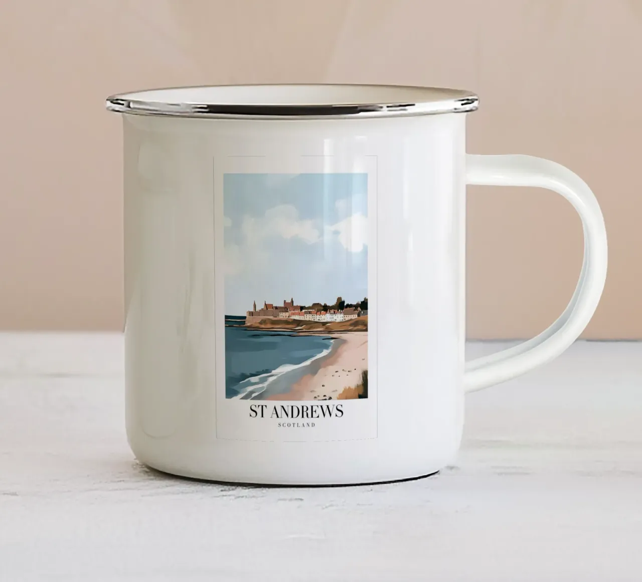 St Andrews Coastal Art Print - Schots strand en stad emaille mok van homdeco