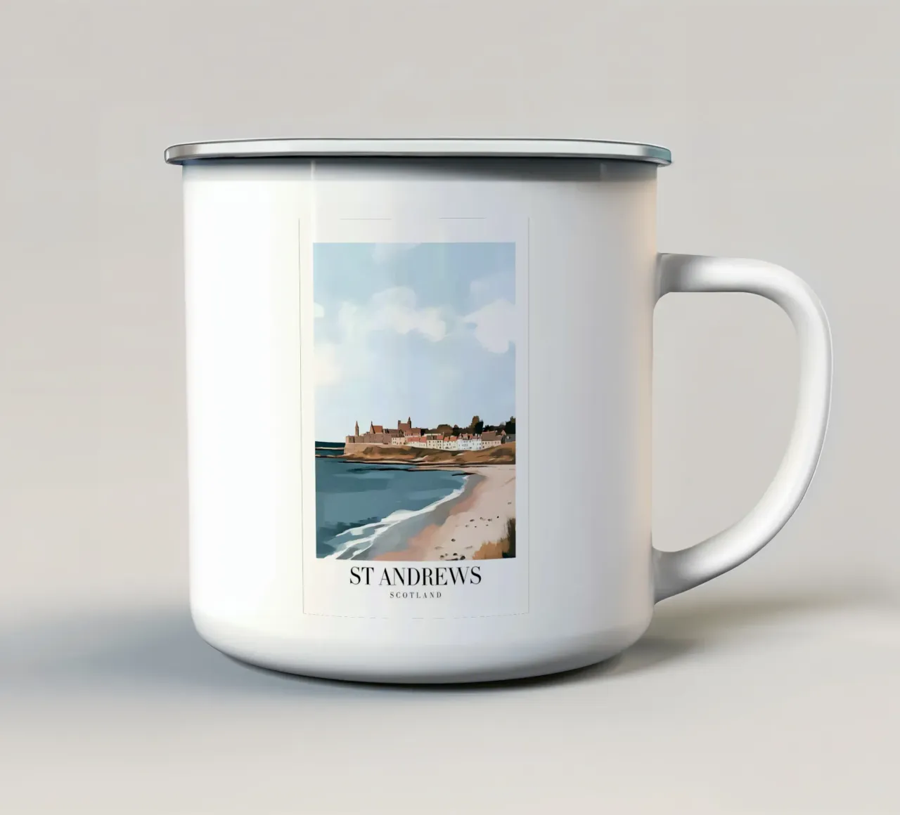St Andrews Coastal Art Print - Schots strand en stad emaille mok van homdeco