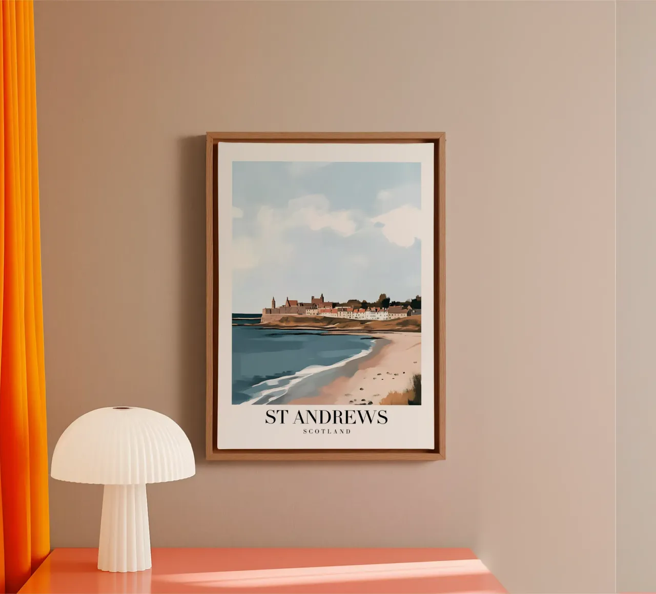 Stampa d'arte sulla costa di St Andrews - Spiaggia e città scozzese tela con Cornice a cassetta da homdeco