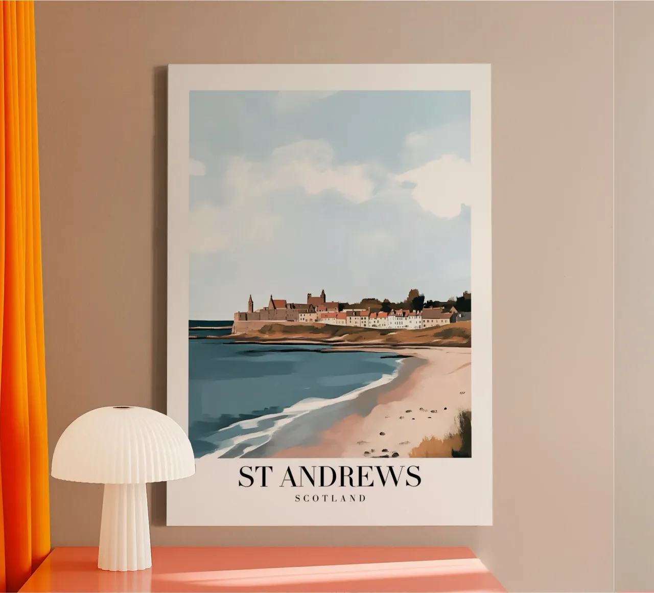 Stampa d'arte sulla costa di St Andrews - Spiaggia e città scozzese tela con Cornice a cassetta da homdeco