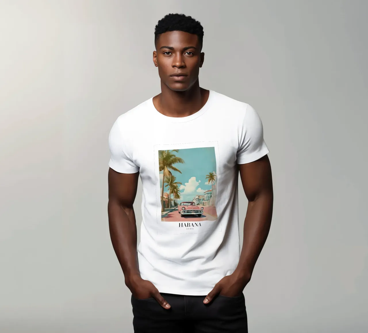 Stampa d'arte su auto d'epoca dell'Avana - Cuba Retro Scene t-shirt da homdeco