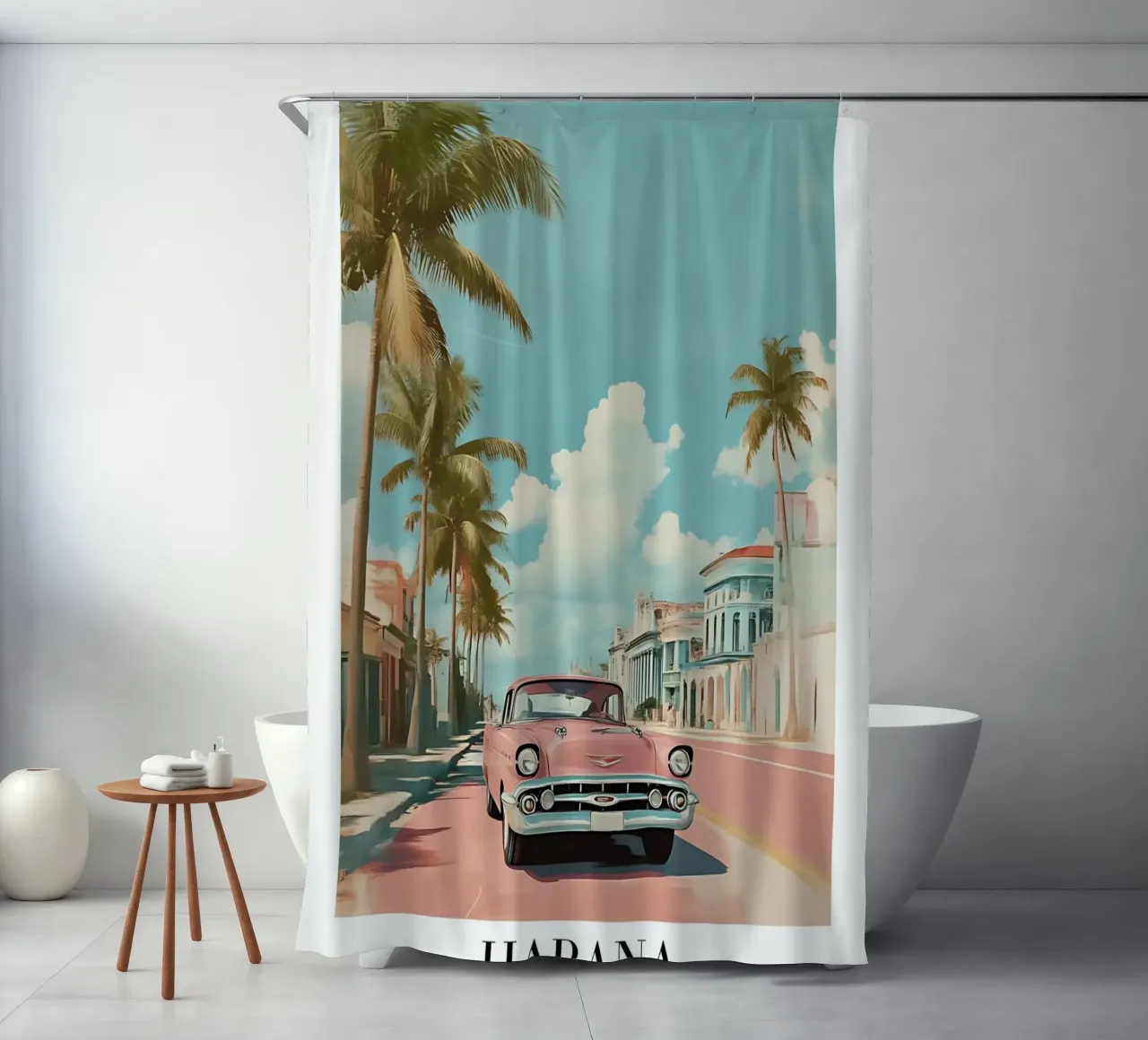 Stampa d'arte su auto d'epoca dell'Avana - Cuba Retro Scene tenda da doccia da homdeco