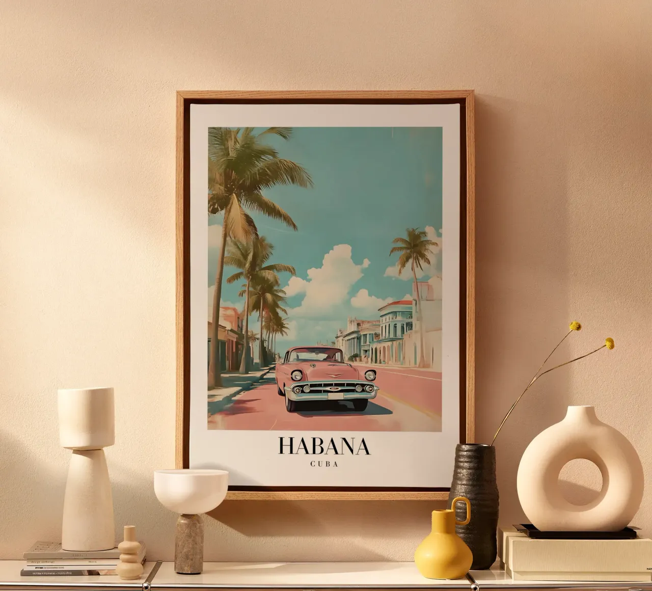 Havana Klassieke Auto Kunstdruk - Cuba Retro Scène canvas met Baklijst van homdeco