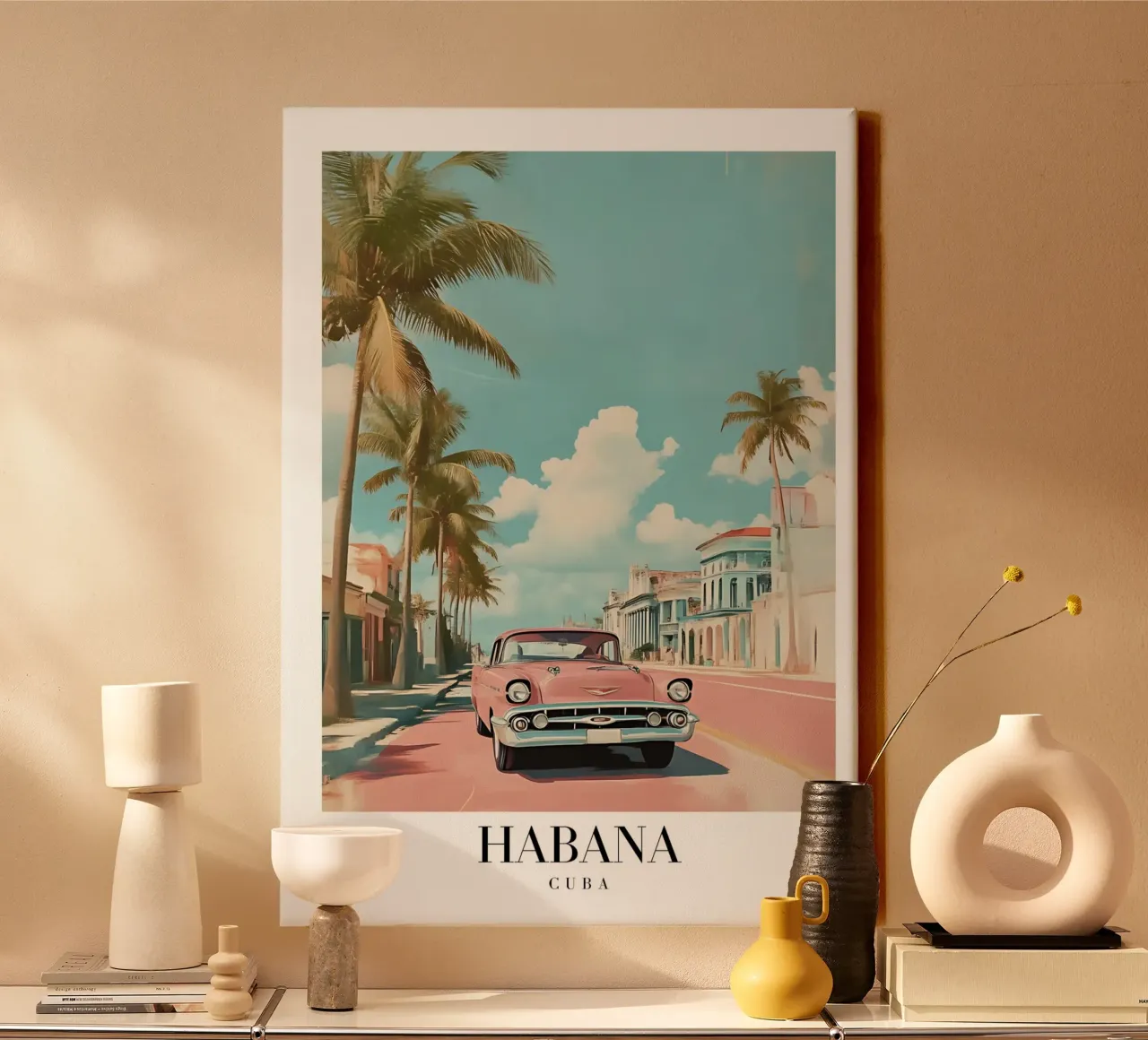 Havana Klassieke Auto Kunstdruk - Cuba Retro Scène canvas met Baklijst van homdeco