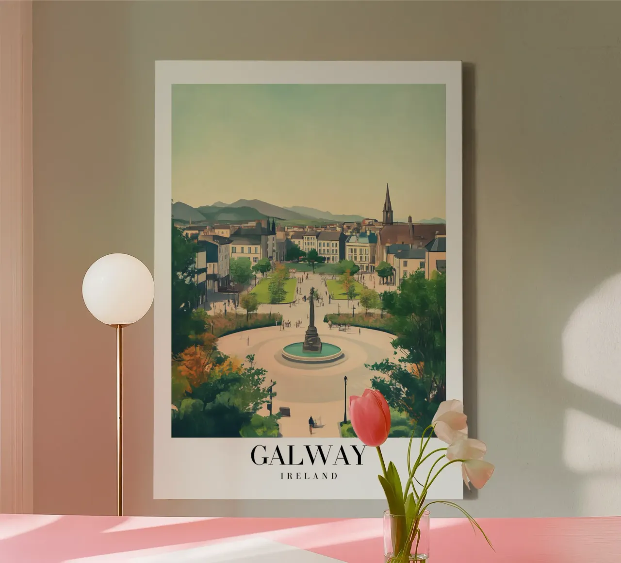Galway Stadsgezicht Kunstdruk - Ierland Historisch Plein canvas met Baklijst van homdeco