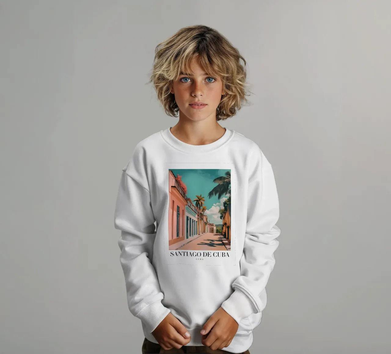 Santiago de Cuba Street Art Print - Vibrant Caribbean kids sweatshirt by homdeco