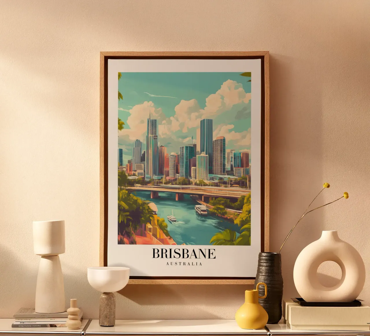 Brisbane Skyline Art Print - Rivierstad Australië canvas met Baklijst van homdeco