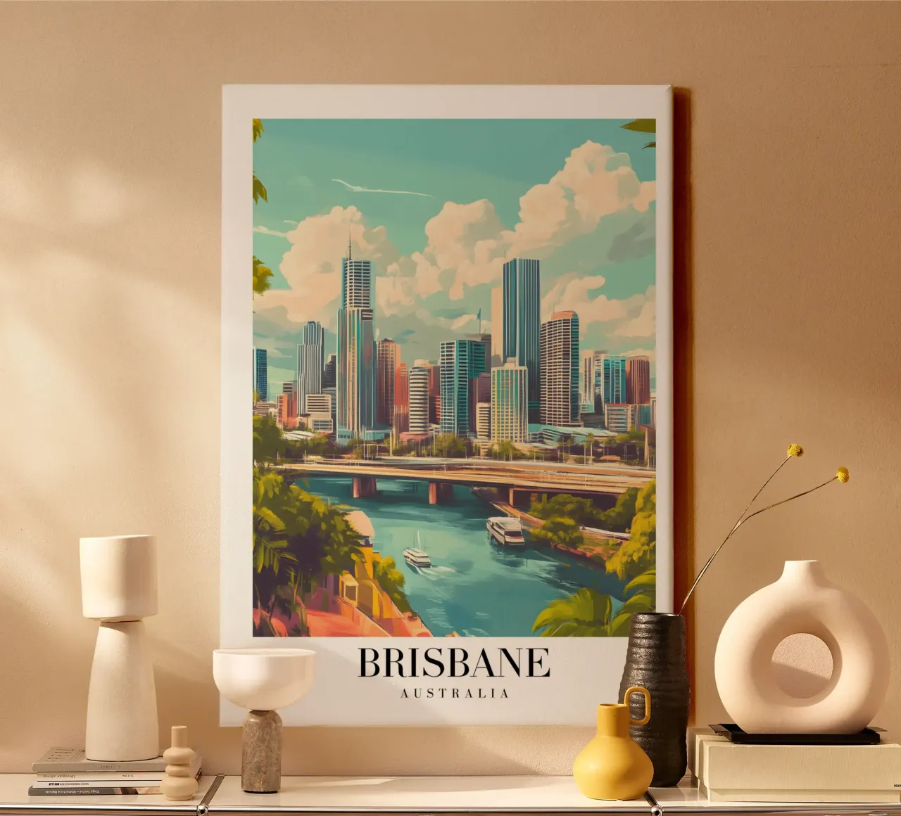 Brisbane Skyline Art Print - Rivierstad Australië canvas met Baklijst van homdeco