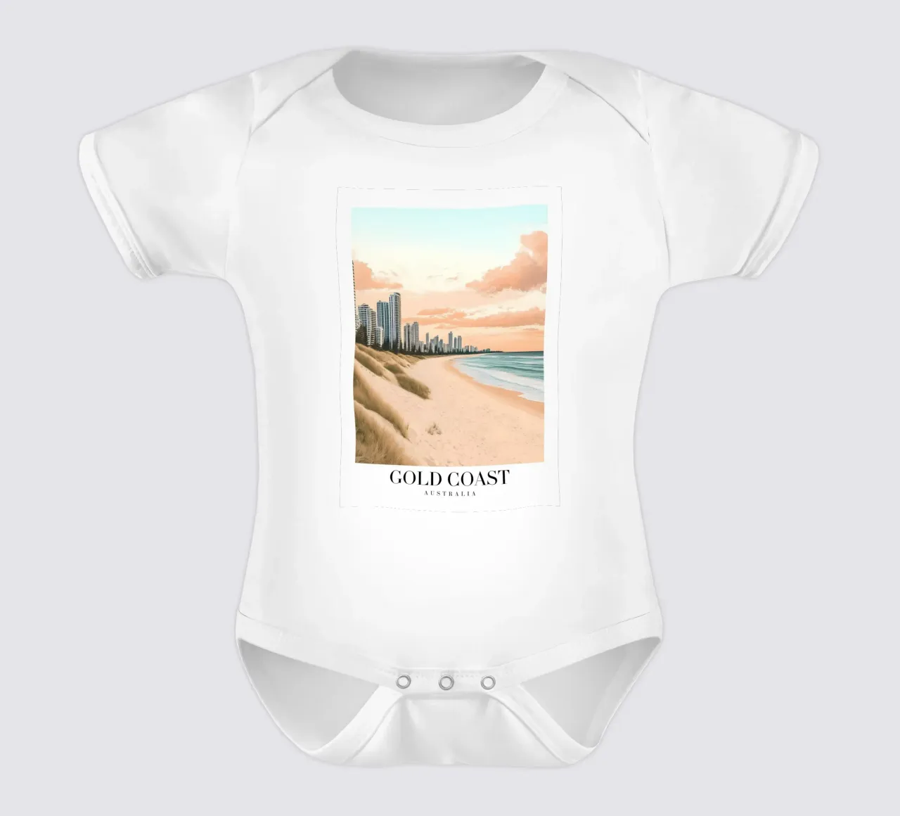Gold Coast Beach Art Print - Australian Skyline short-sleeve baby romper by homdeco