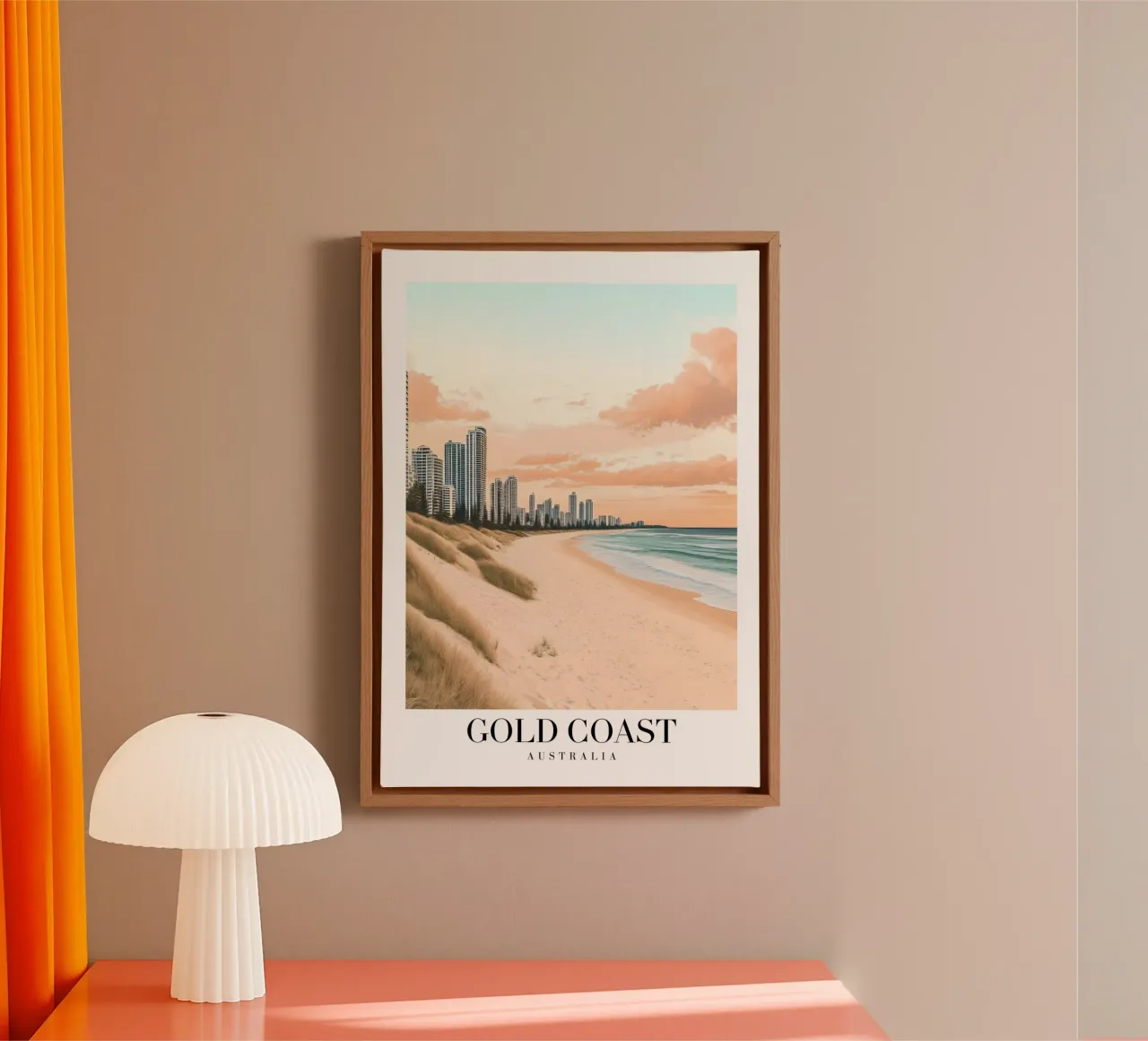 Impresión artística de la playa de Gold Coast - Australian Skyline lienzo con Marco flotante de homdeco