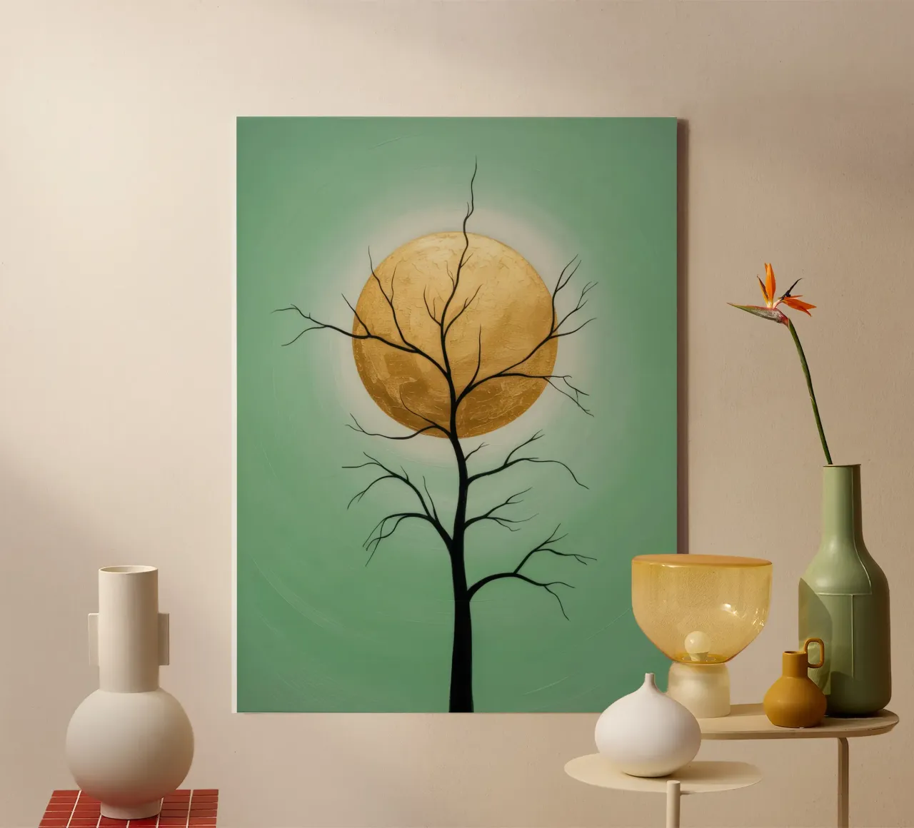 Golden sun in front of a tree, abstract painting canvas with Floater frame by RB-Digital-Paintings