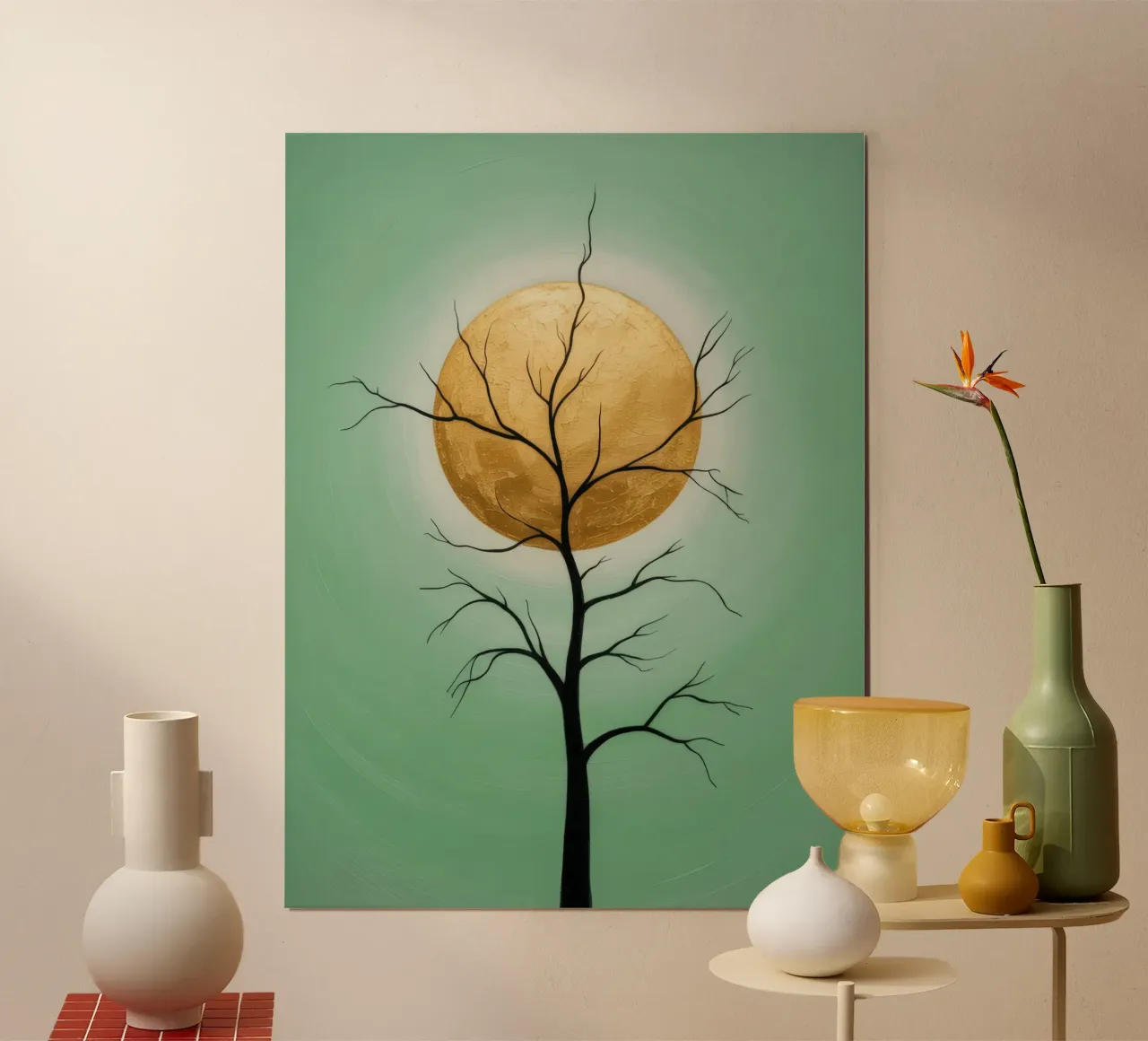 Golden sun in front of a tree, abstract painting hahnemühle by RB-Digital-Paintings