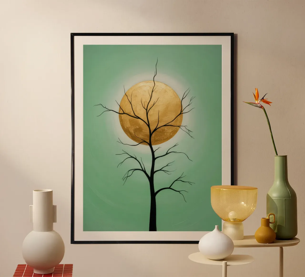 Golden sun in front of a tree, abstract painting hahnemühle by RB-Digital-Paintings