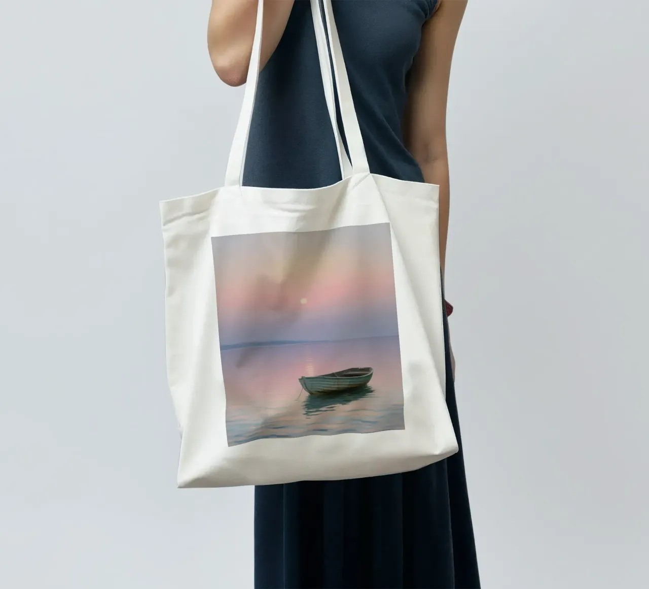 Rowing boat in the sunset, pastel painting tote bag by RB-Digital-Paintings