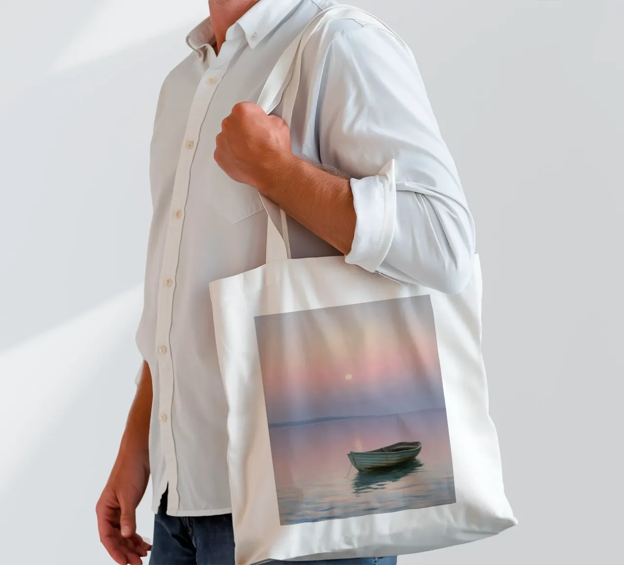 Rowing boat in the sunset, pastel painting tote bag by RB-Digital-Paintings