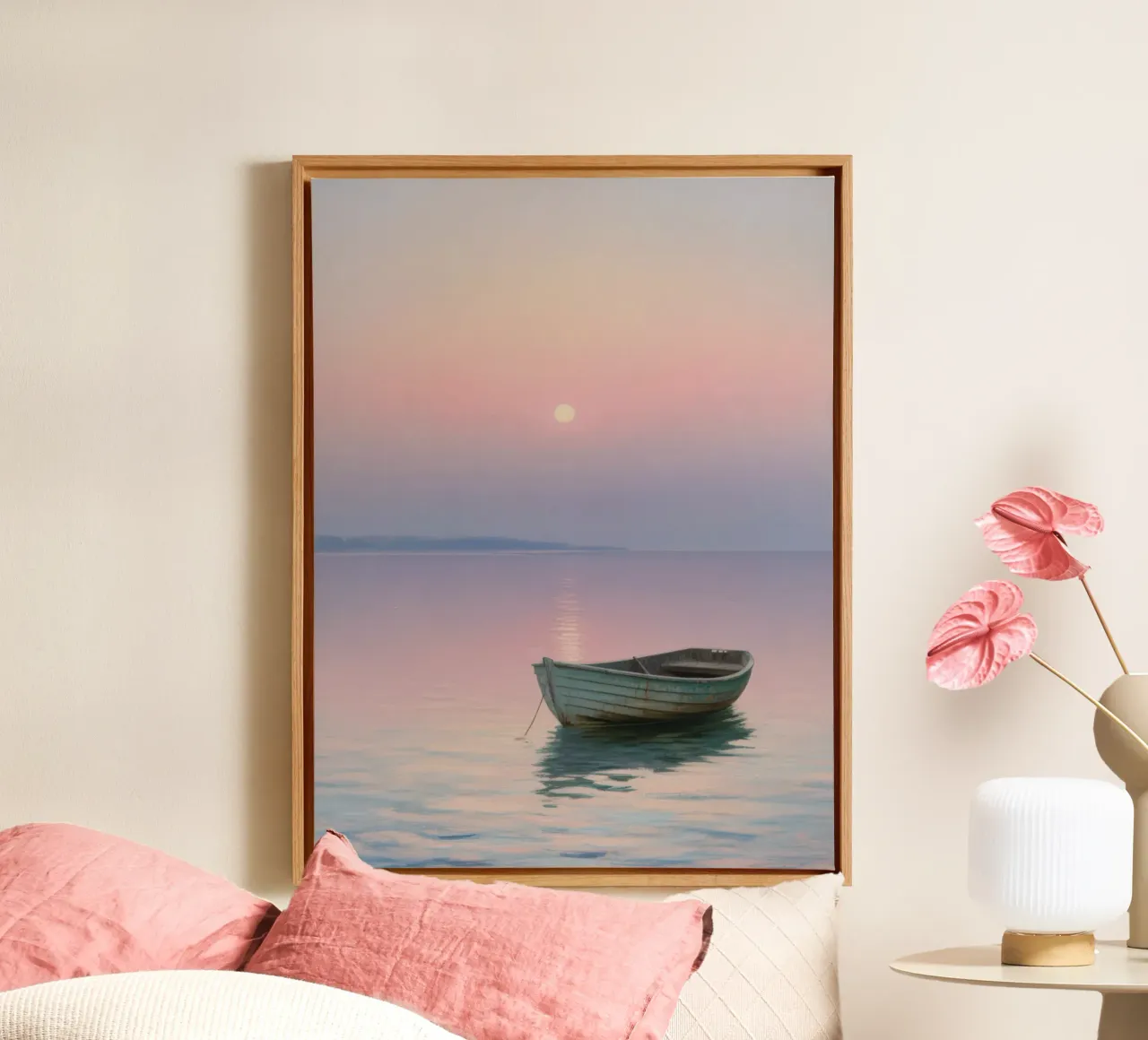 Roeiboot in de zonsondergang, pastelschilderij canvas met Baklijst van RB-Digital-Paintings