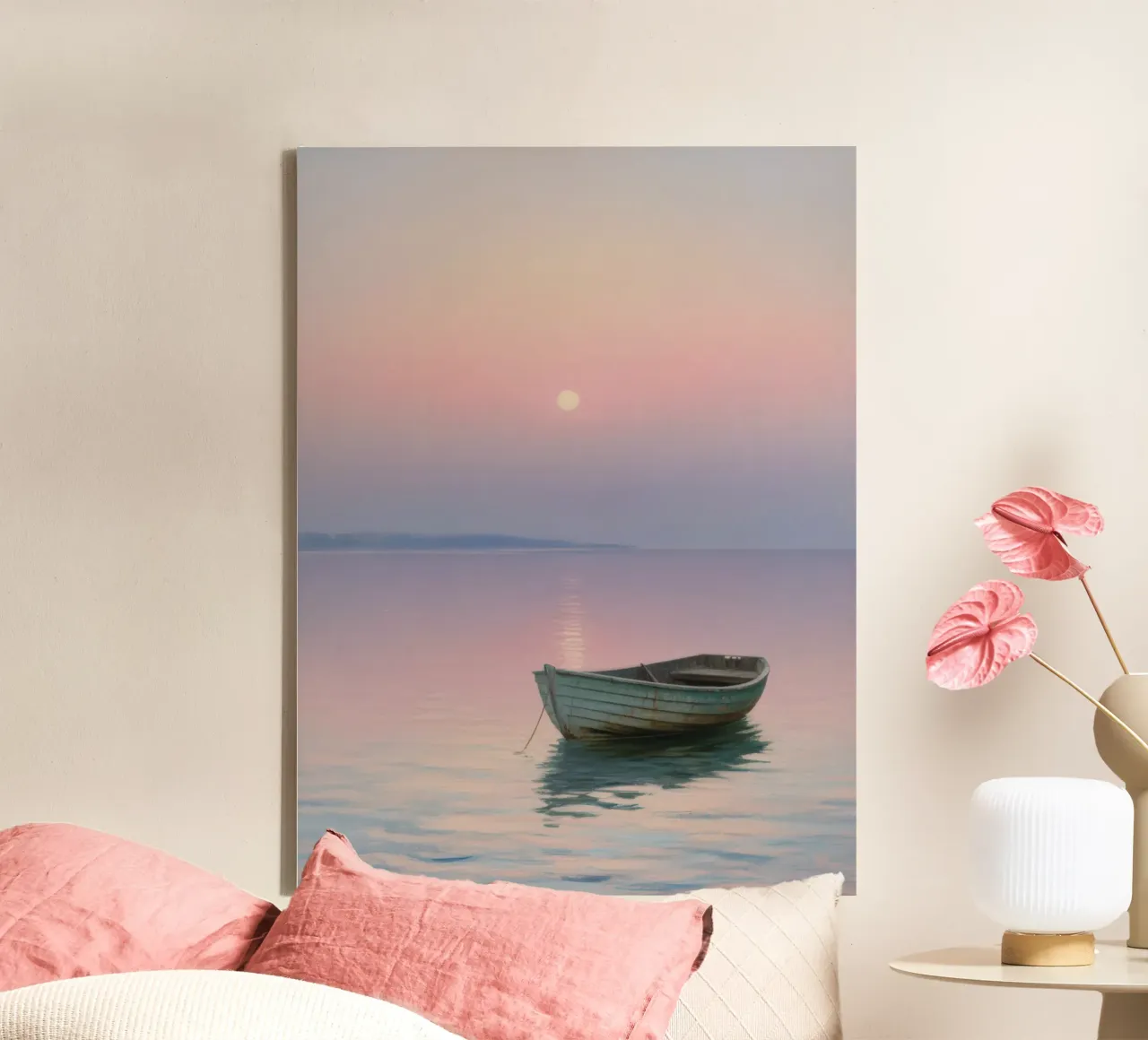 Roeiboot in de zonsondergang, pastelschilderij canvas met Baklijst van RB-Digital-Paintings