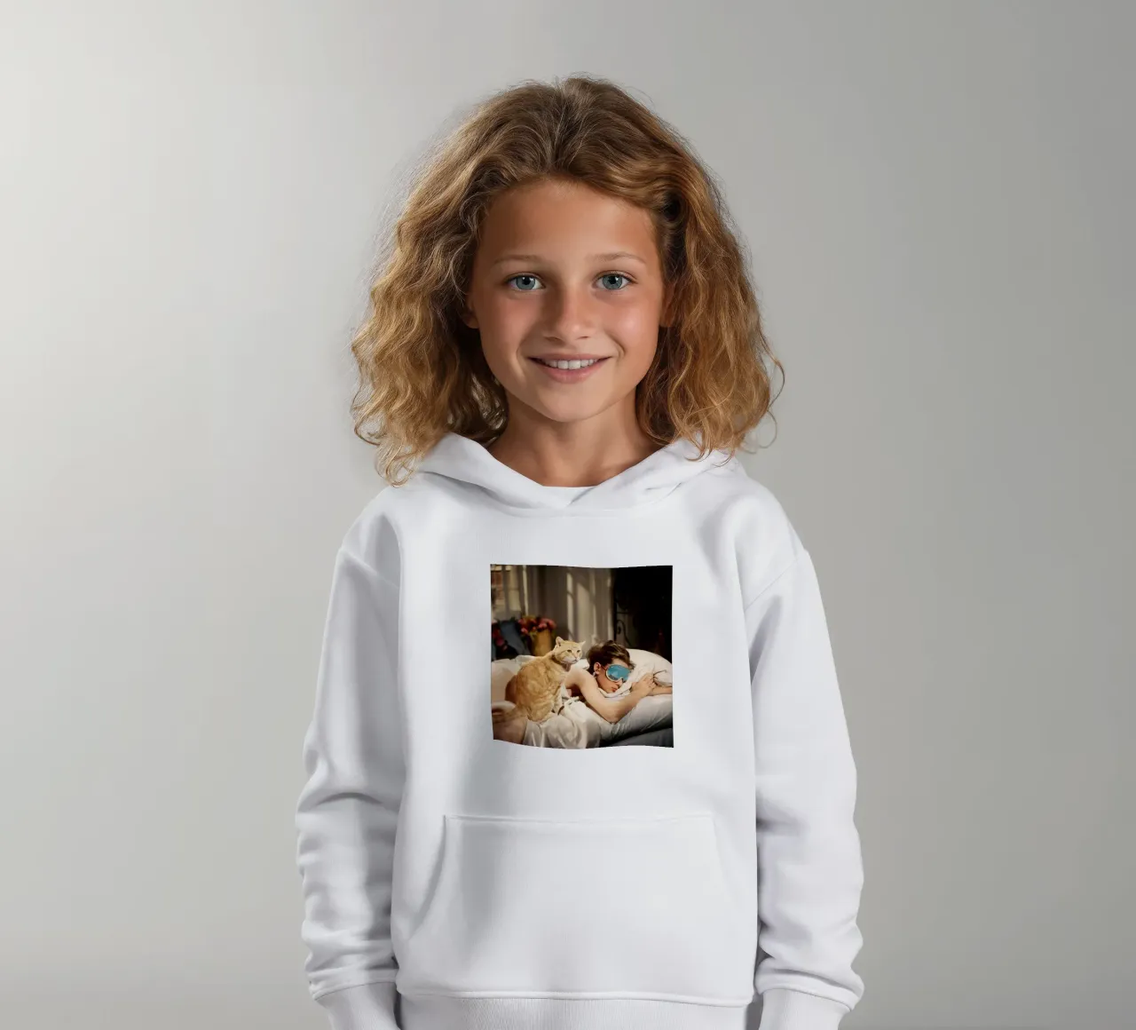 Audrey con un gatto felpa bambino con cappuccio da Martin studio
