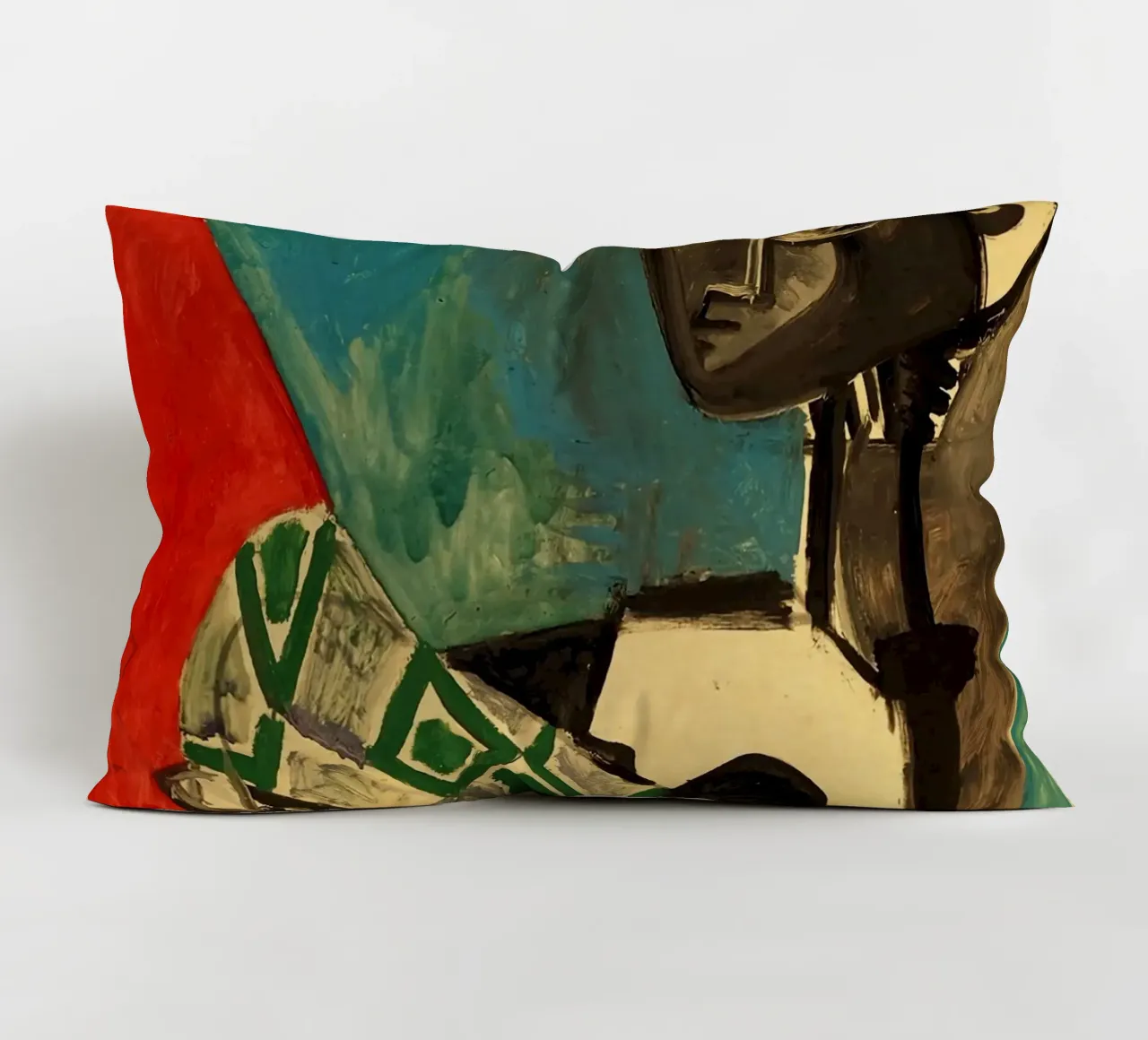 sitting figure geometric patterns blue background decorative cushion by Amber Hughes