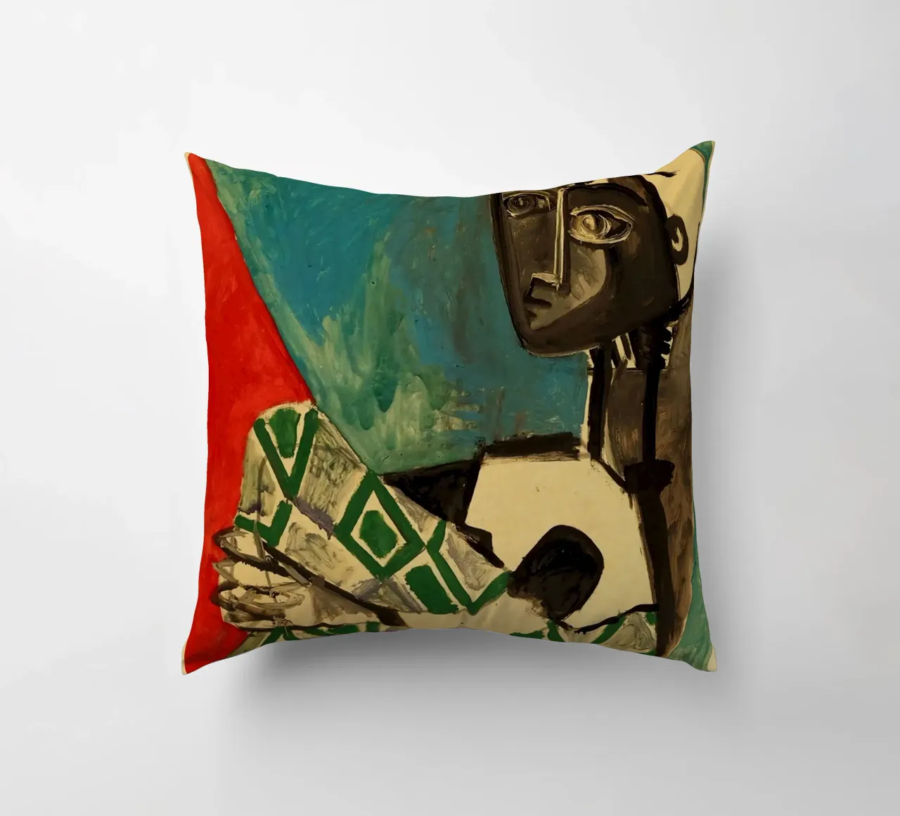 sitting figure geometric patterns blue background decorative cushion by Amber Hughes