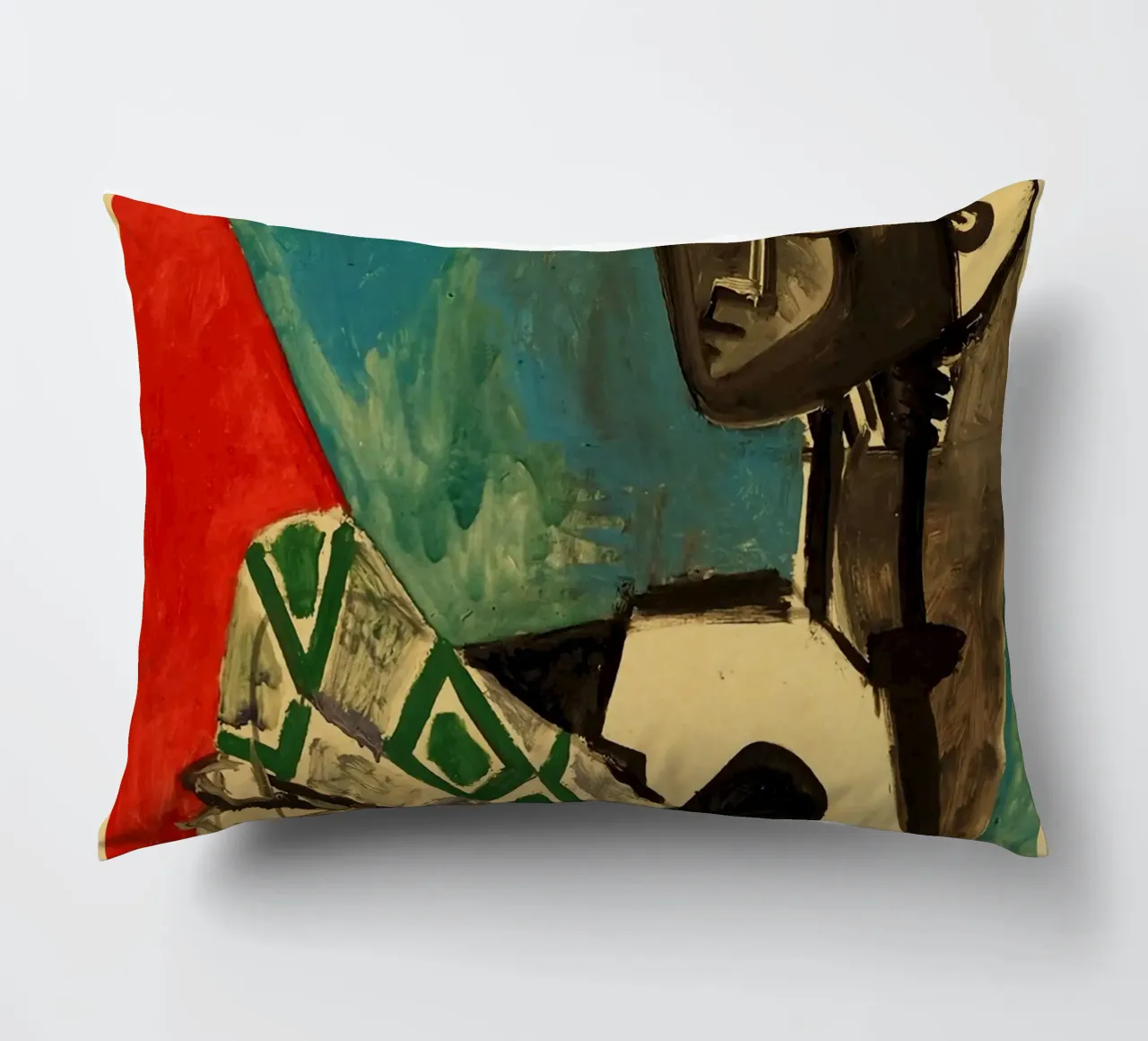 sitting figure geometric patterns blue background decorative cushion by Amber Hughes