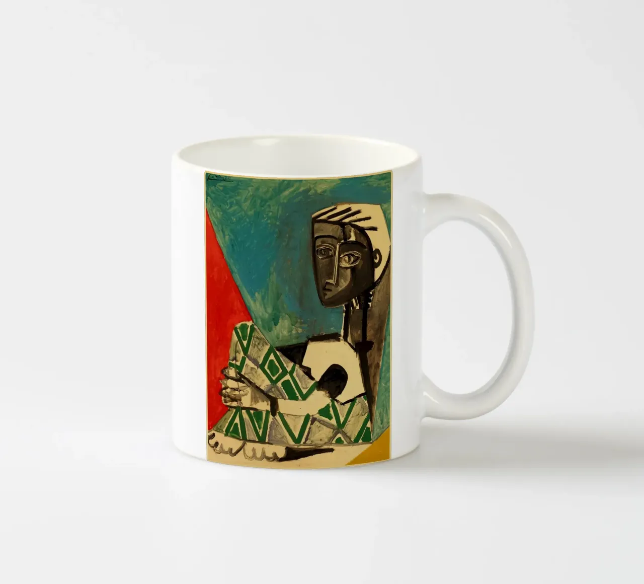 sitting figure geometric patterns blue background ceramic mug by Amber Hughes