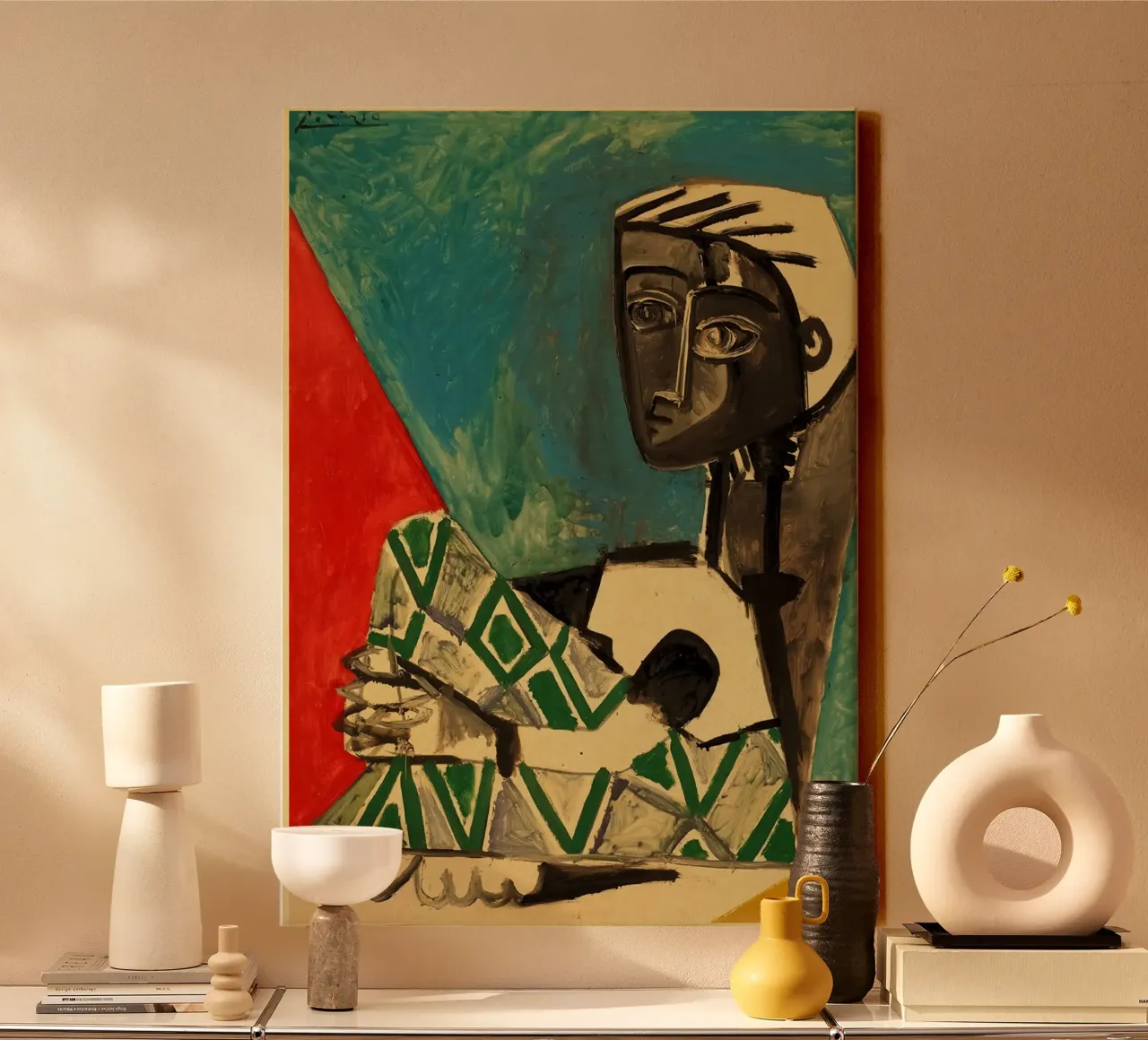 sitting figure geometric patterns blue background canvas by Amber Hughes