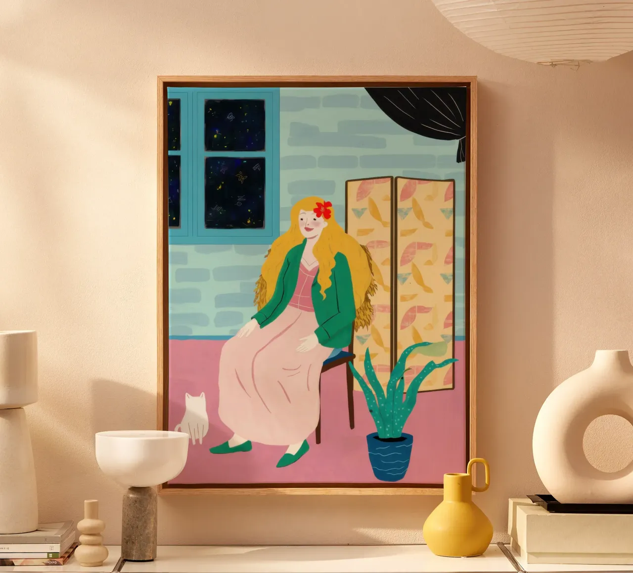 Gezellige raamgenoot canvas met Baklijst van Mythy Brush