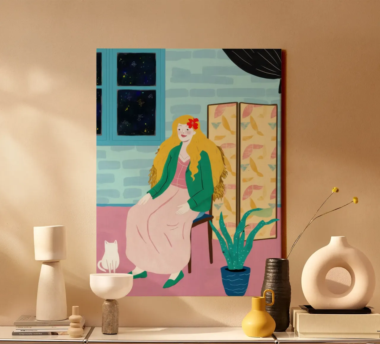 Gezellige raamgenoot canvas met Baklijst van Mythy Brush