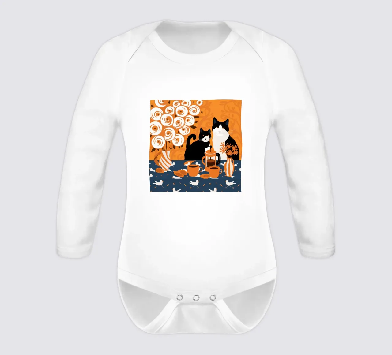 Caffeine Feline Chaos long-sleeve baby romper by Monuments Fire