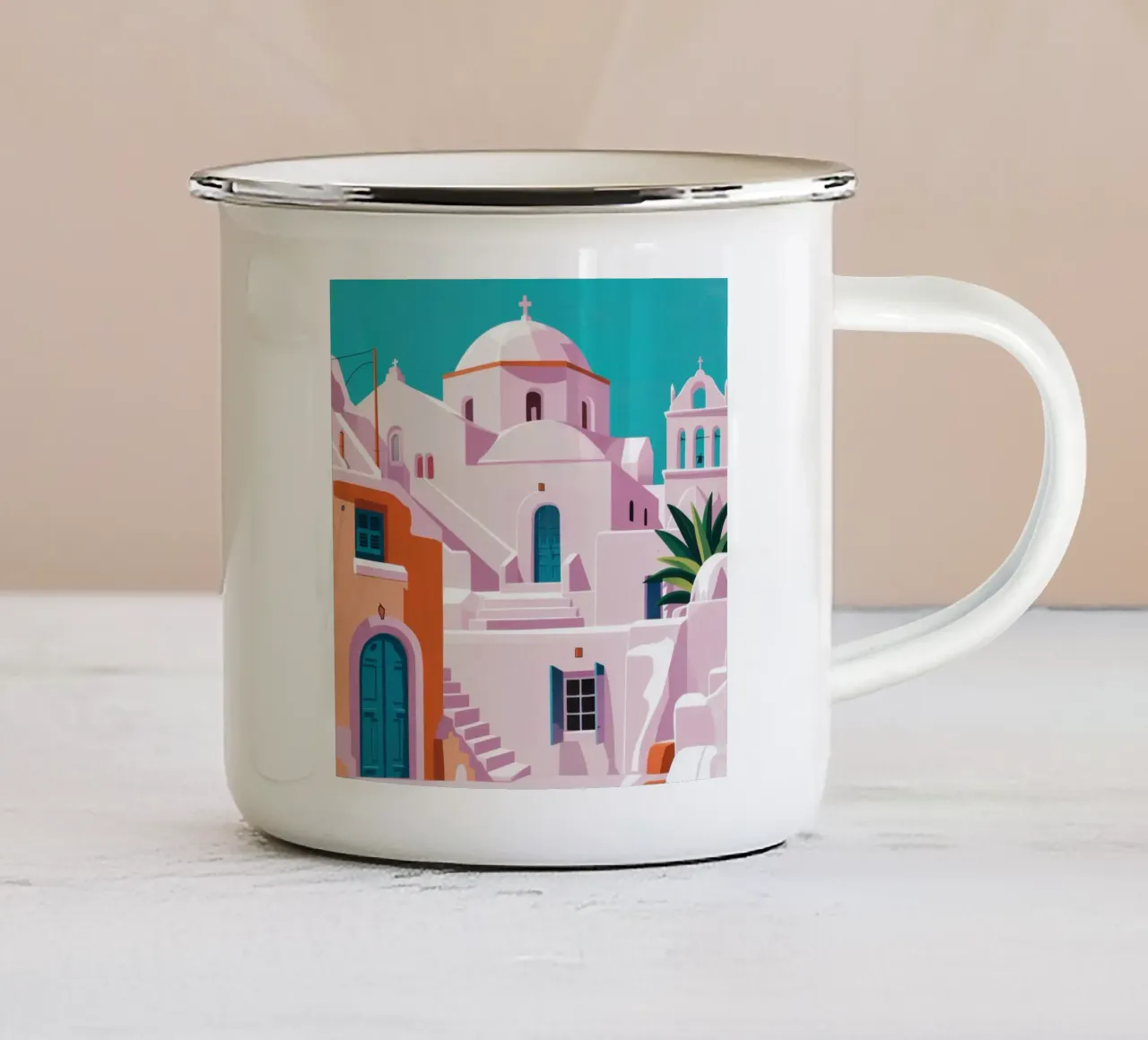 Santorini in bloei emaille mok van Ink Pulse