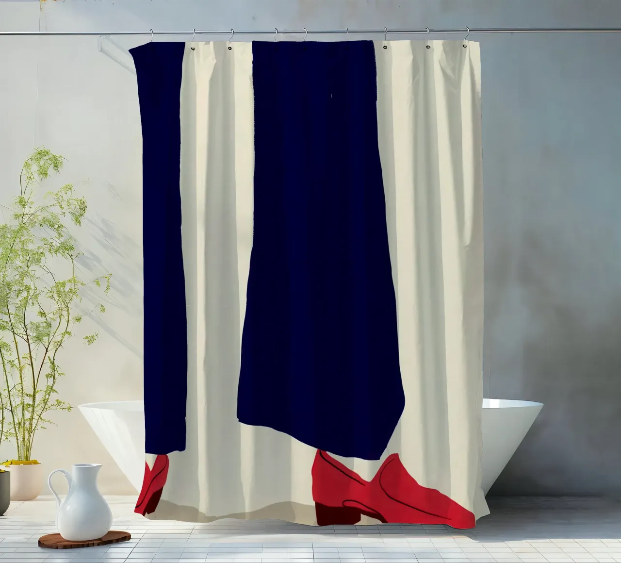 Crimson Step Forward shower curtain by Giant Foxs