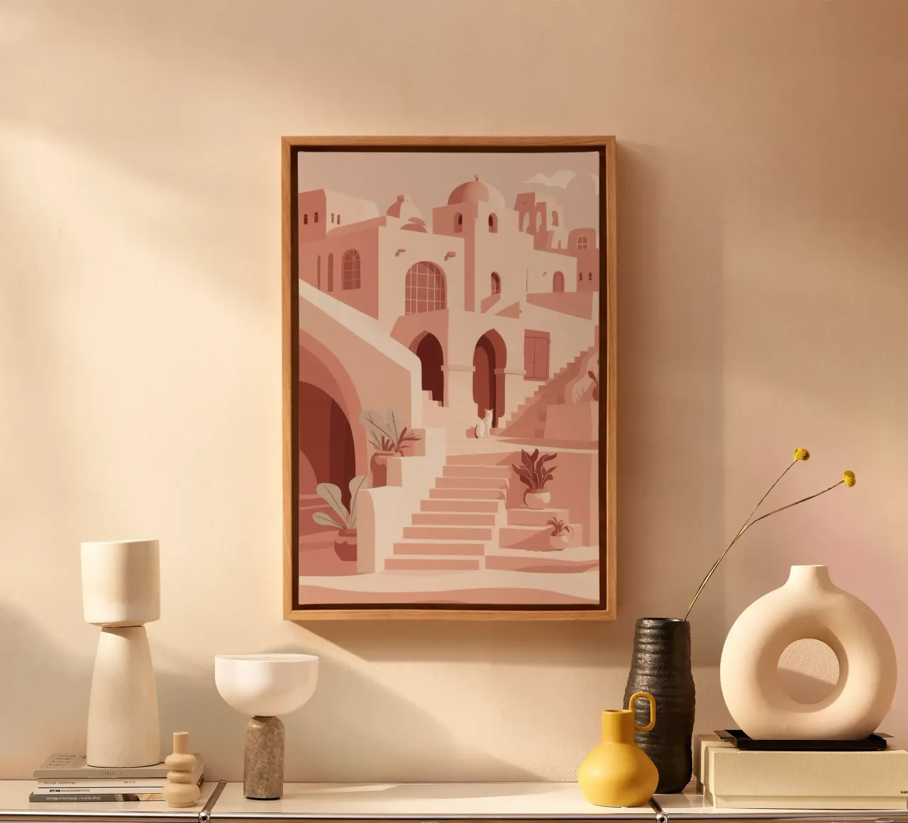 Sunlit Mediterranean Steps canvas with Floater frame by Flock Reverie