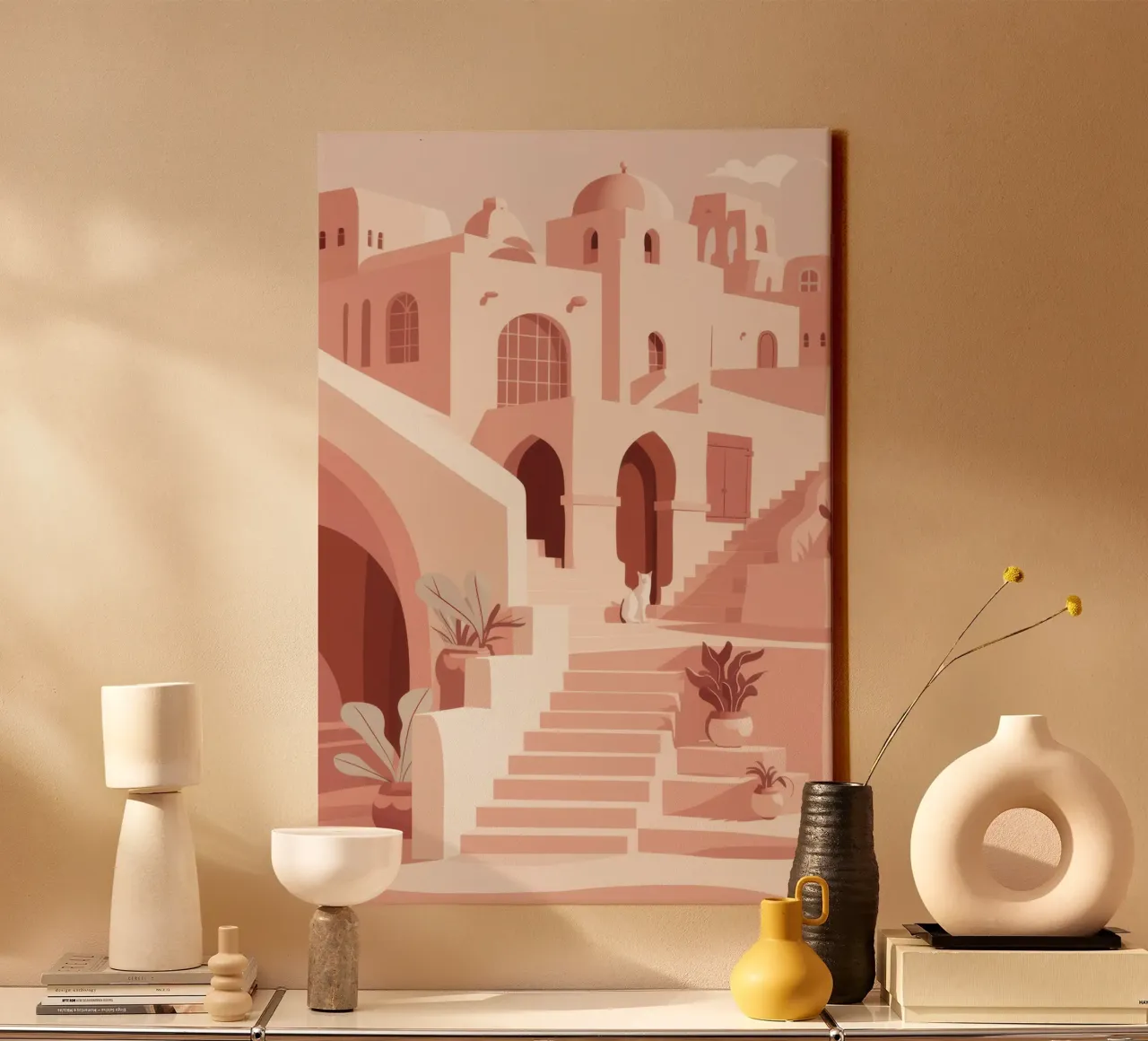 Sunlit Mediterranean Steps canvas with Floater frame by Flock Reverie