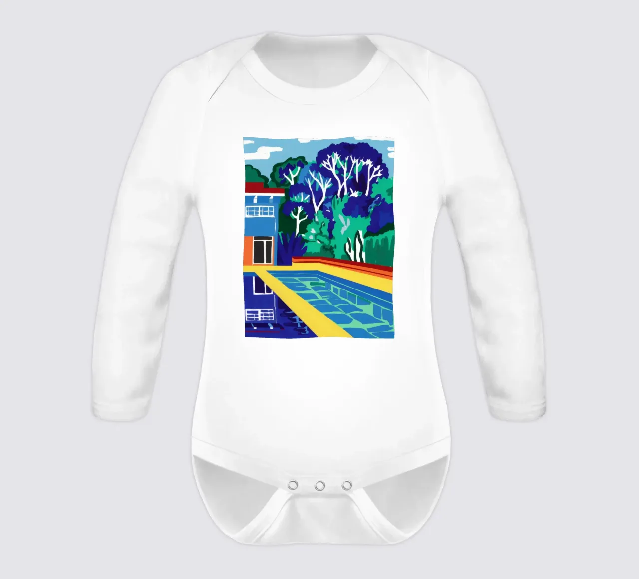 Modern Poolside Vibrancy long-sleeve baby romper by Flock Reverie