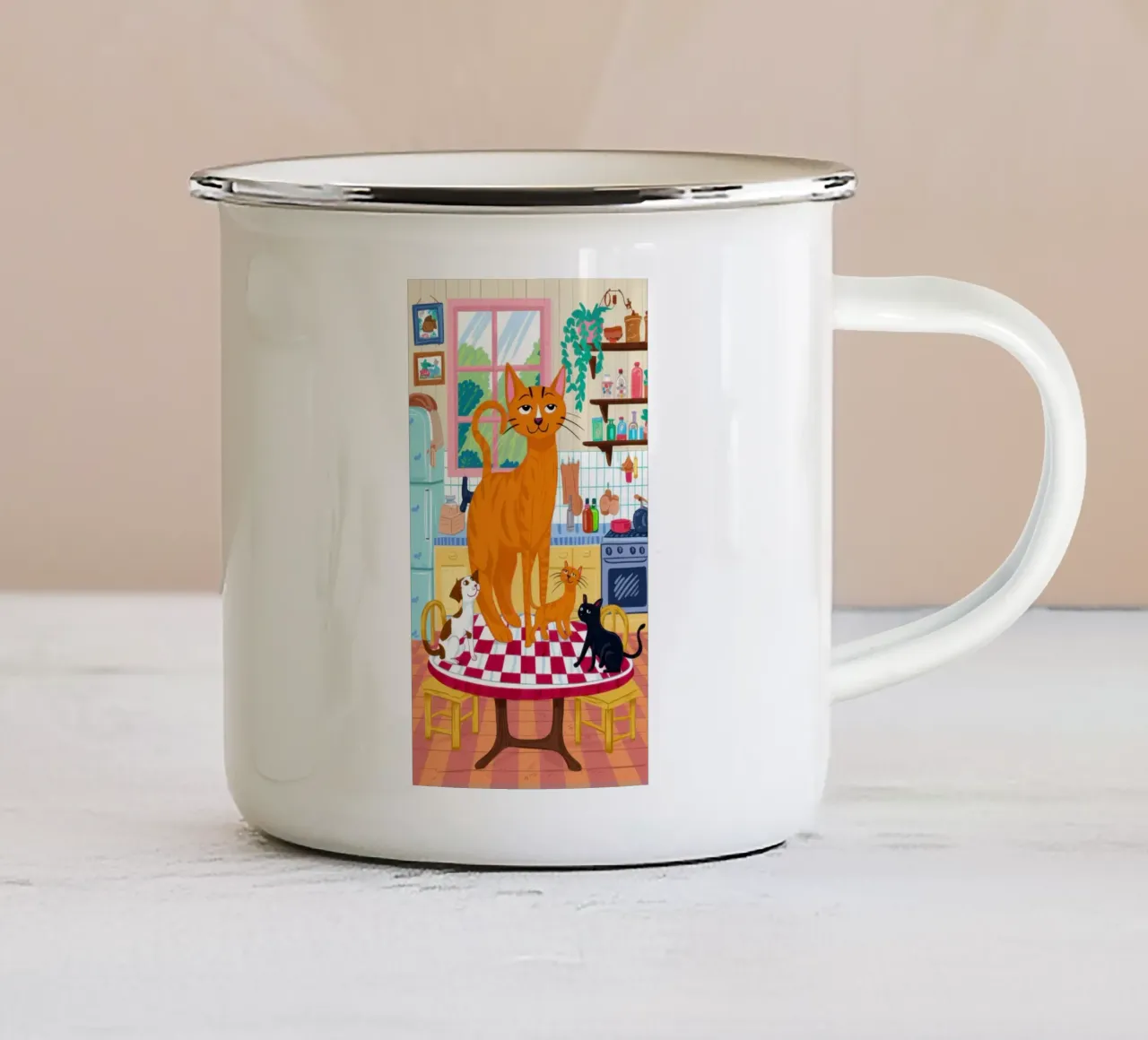 Gatto zenzero in cucina tazza in smalto da Flock Reverie