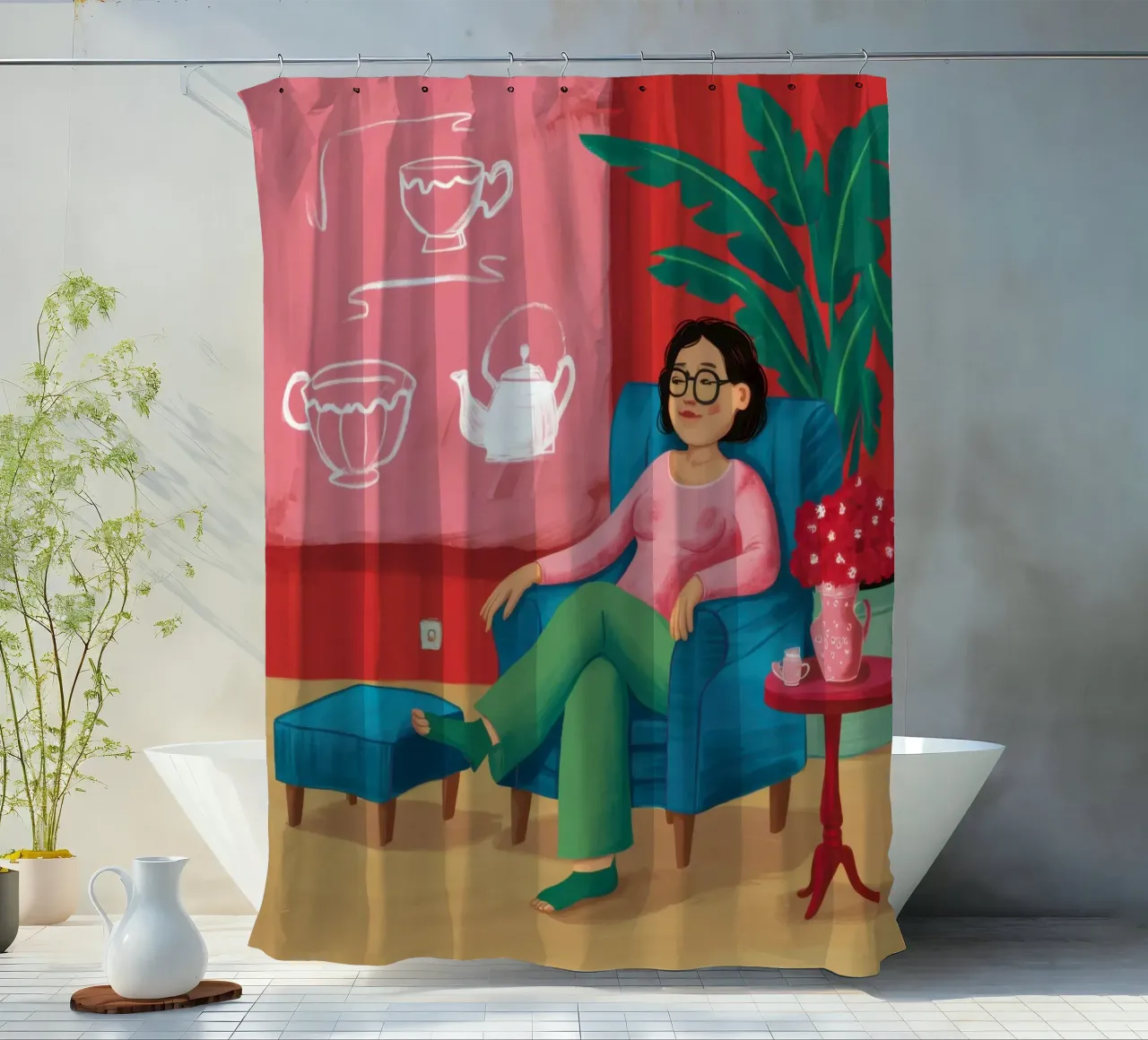 Tea in the Teal Chair shower curtain by Ink Pulse