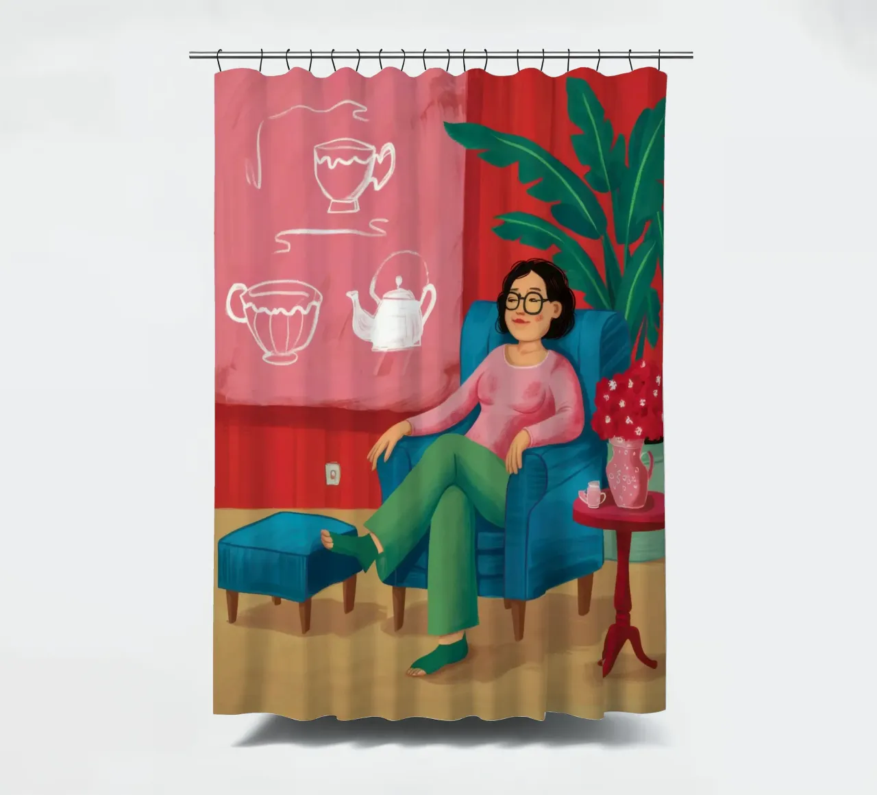 Tea in the Teal Chair shower curtain by Ink Pulse