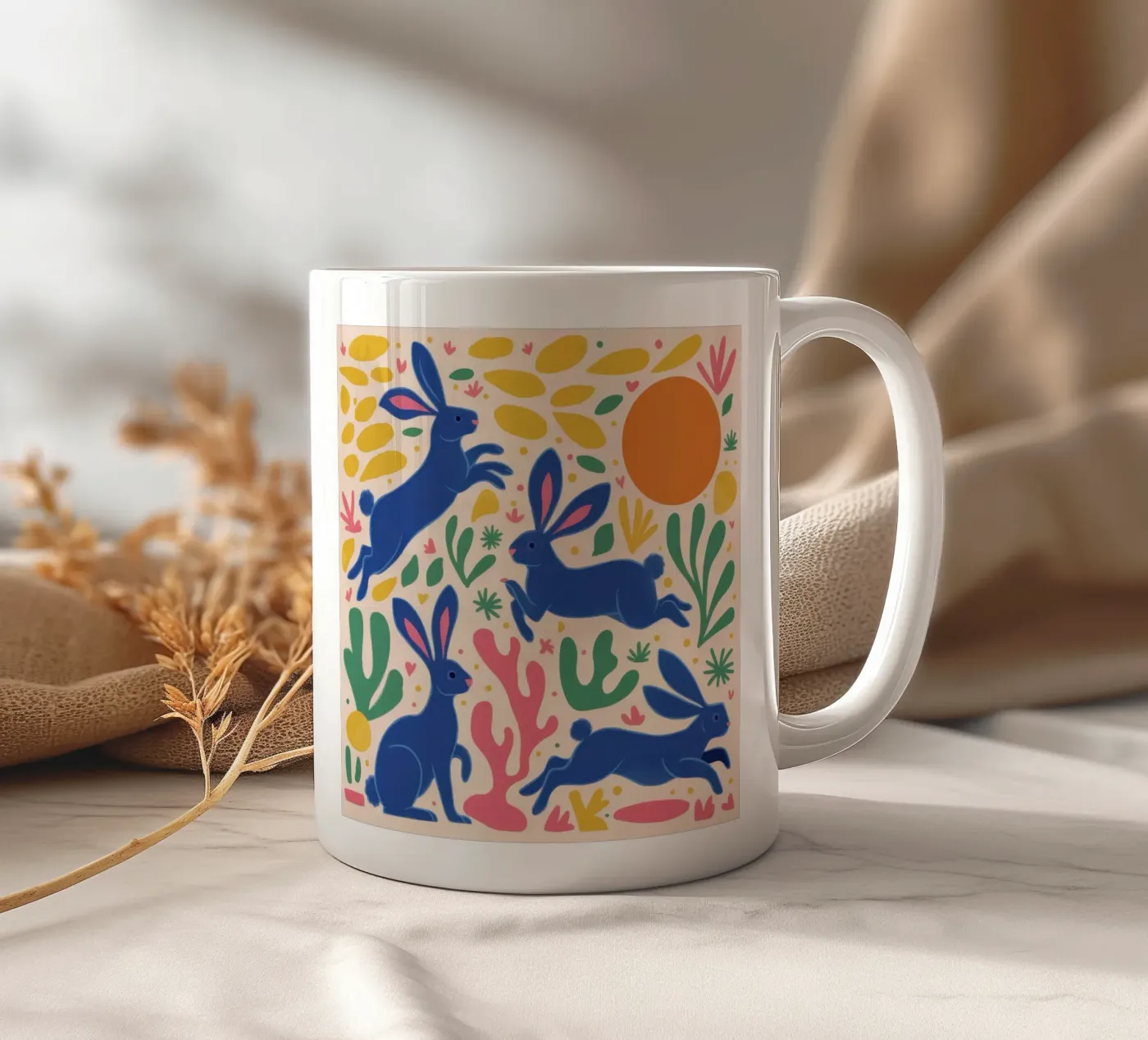 Midnight Rabbit Dance ceramic mug by Ink Pulse