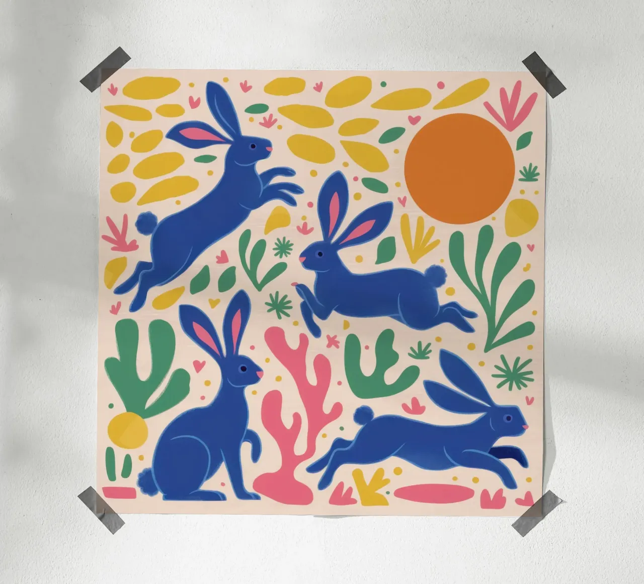 Danza del coniglio di mezzanotte poster con telaio in legno da Ink Pulse