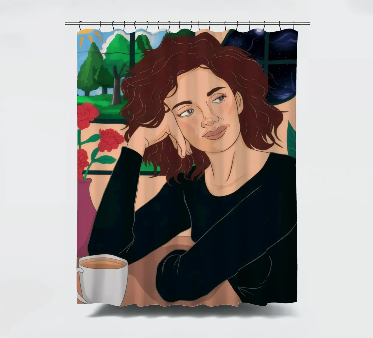 Nocturne Cafe Contemplation shower curtain by Monuments Fire