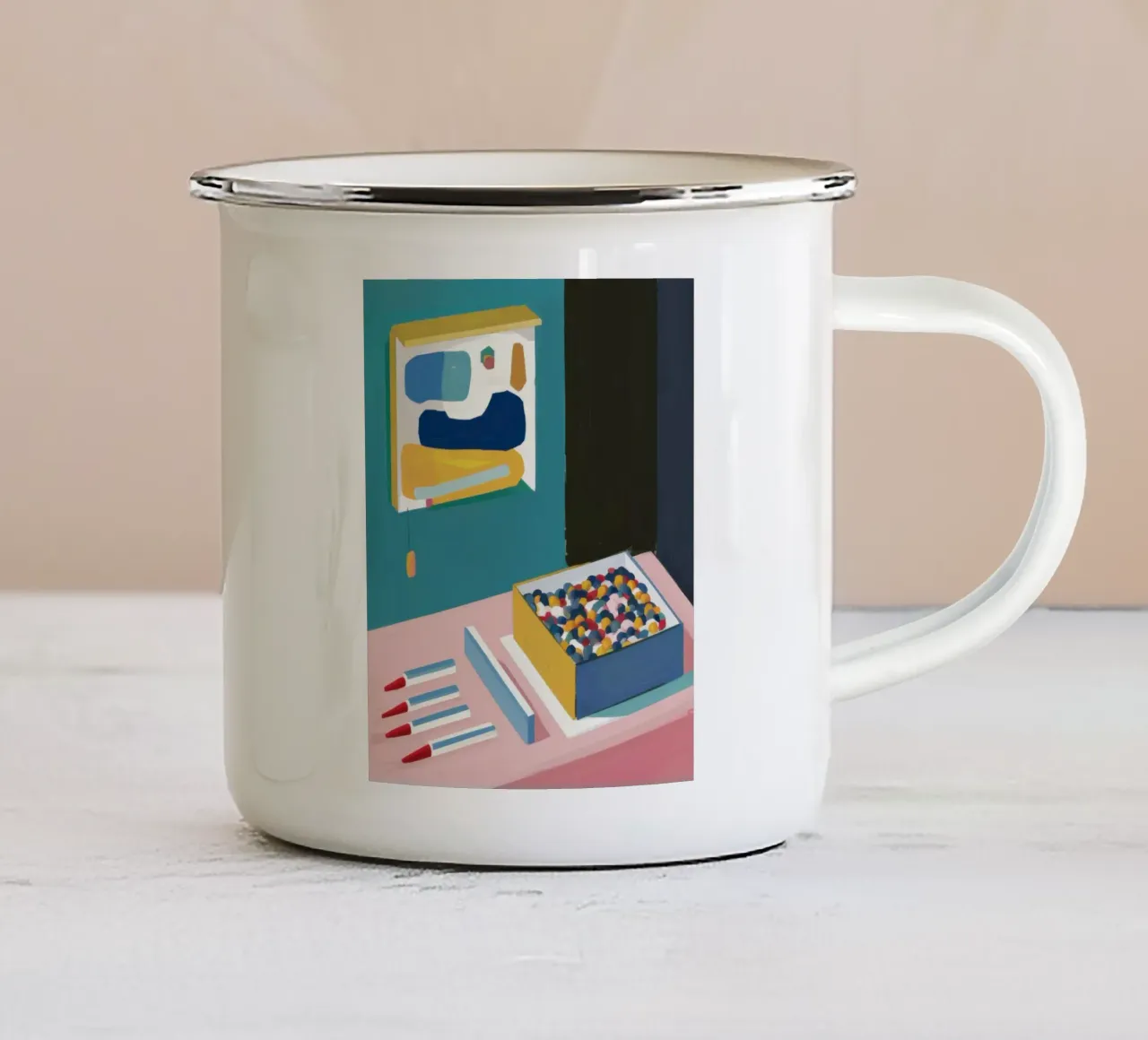 Chromatic Artist's Desk enamel mug by Giant Foxs